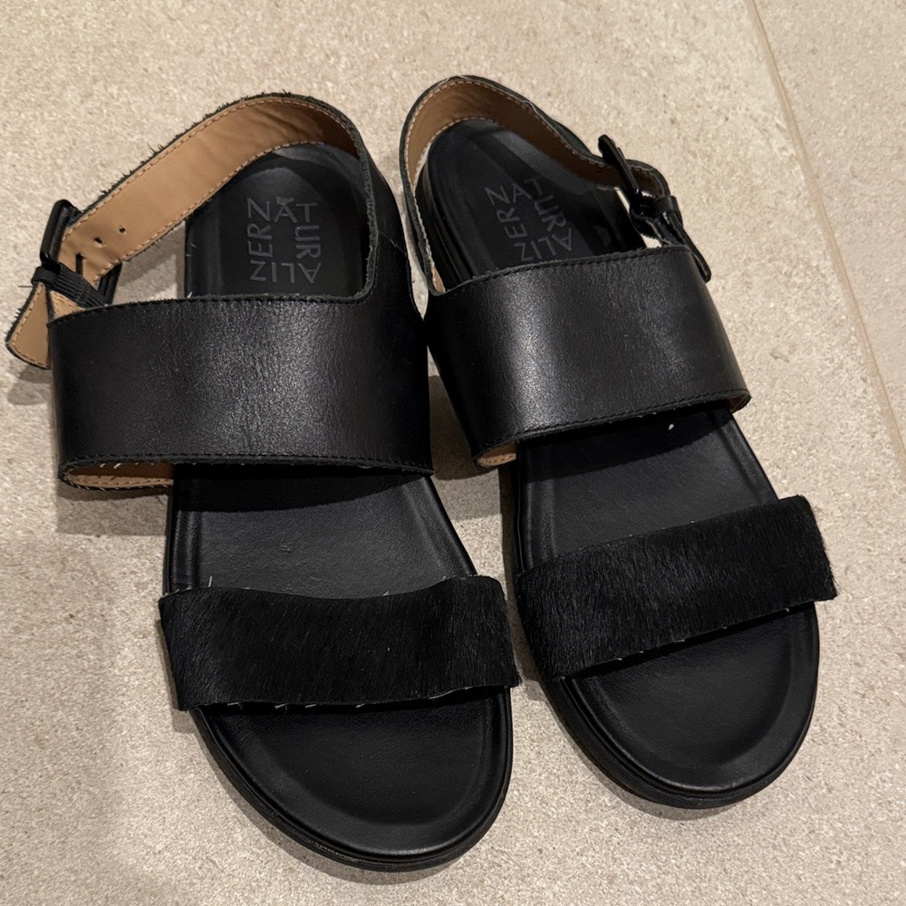 Naturalizer Emory Black Leather upper Slingback Sandals with Haircalf Strap 8